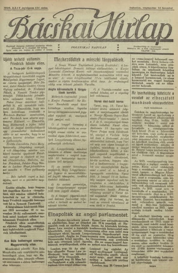 Bácskai Hirlap, 24. évf. 1920. augusztus 21. 131. sz.