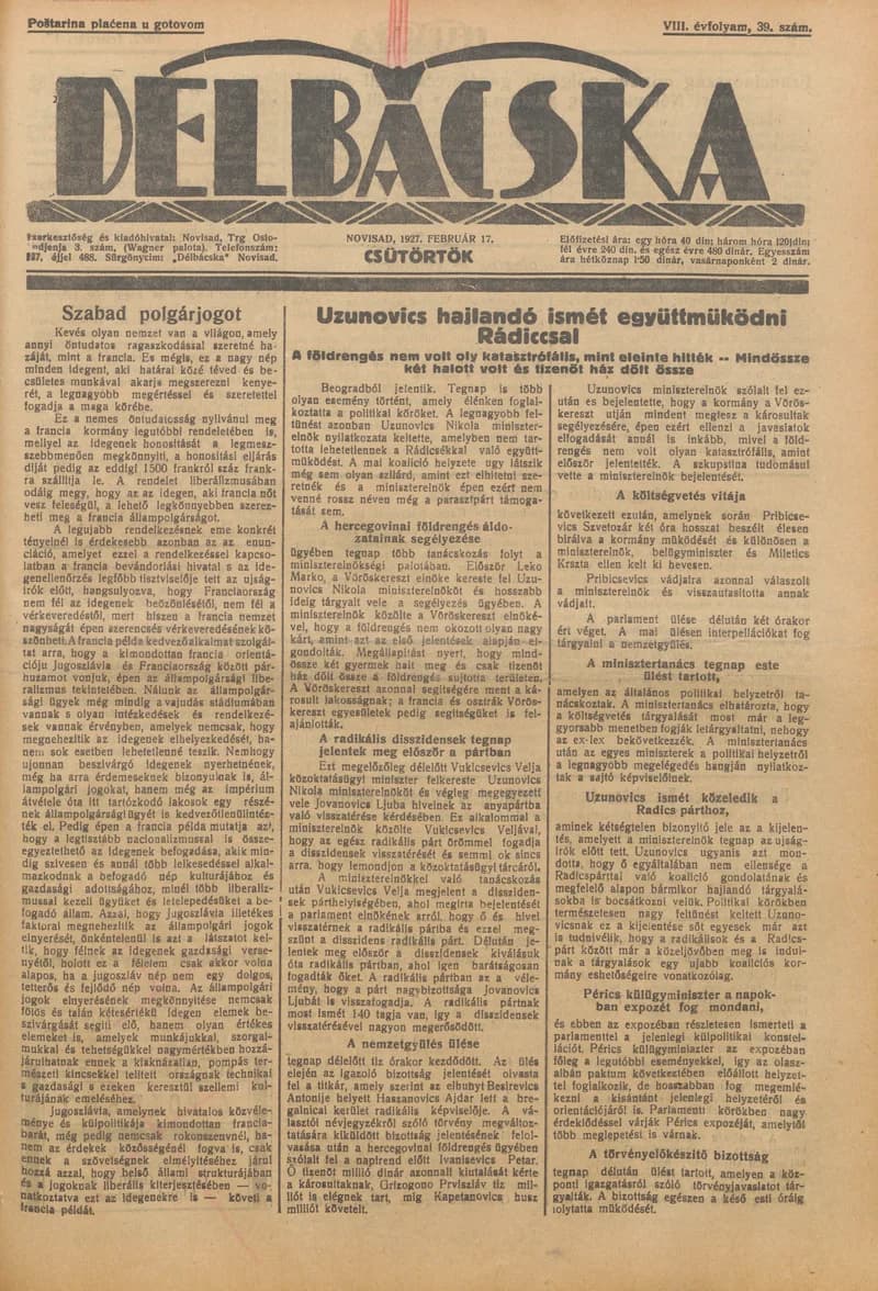 Délbácska, 8. évf. 1927. február 17. 39. sz.