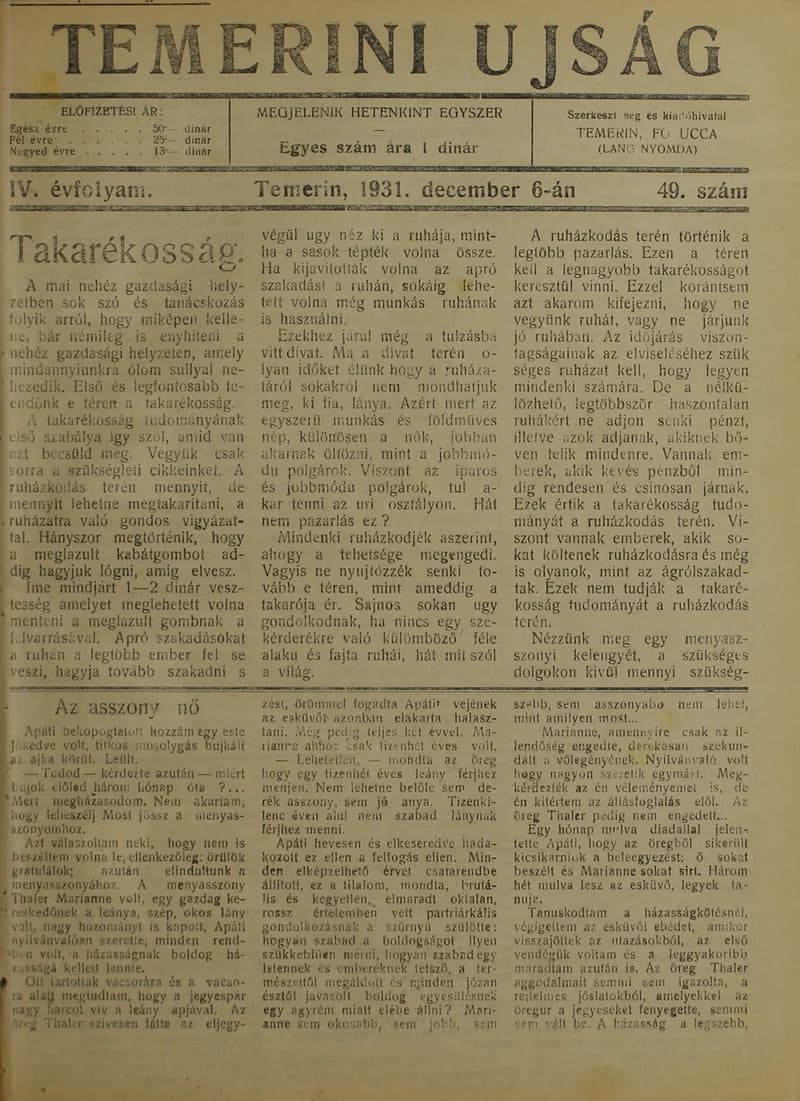 Temerini Újság 1928-1944, 4. évf. 1931. december 6. 49. sz.