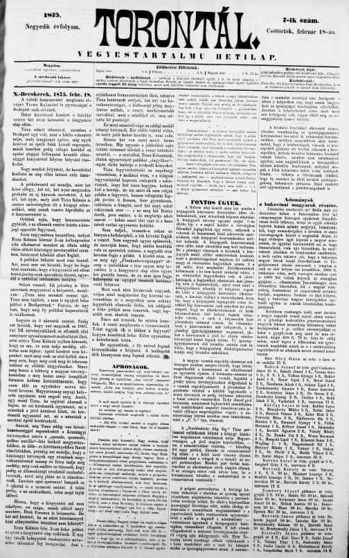 Torontál, 4. évf. 1875. február 18. 7. sz.