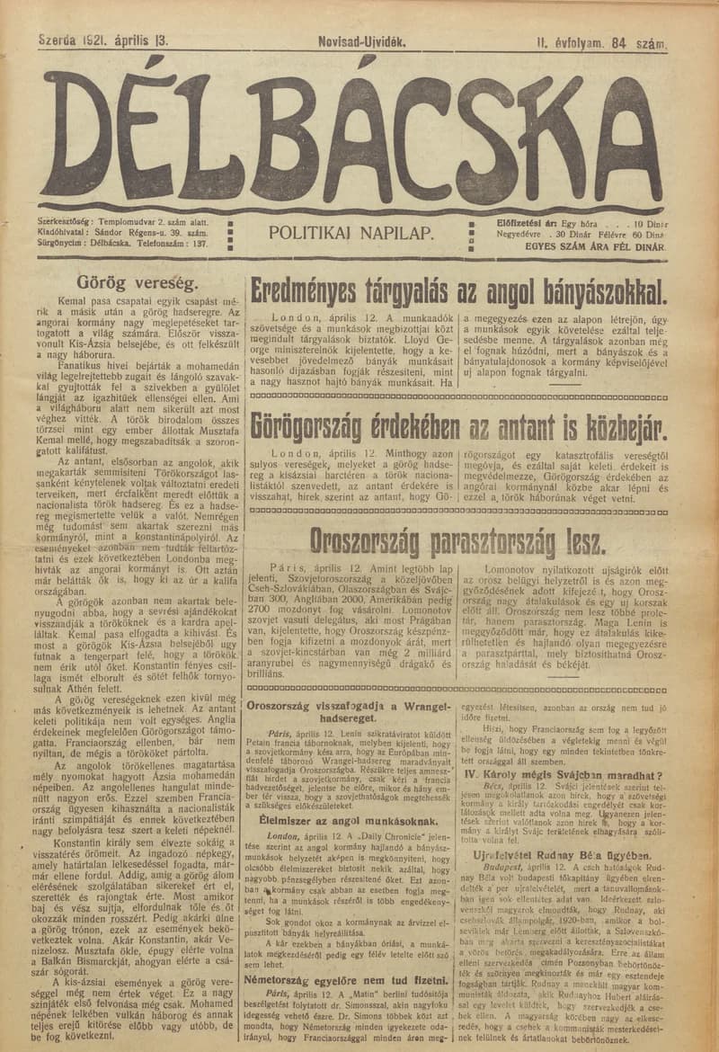Délbácska, 2. évf. 1921. április 13. 84. sz.