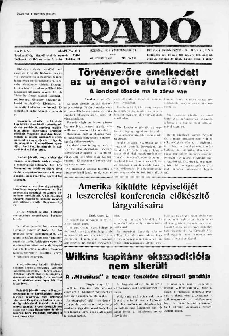 Híradó, 60. évf. 1931. szeptember 23. 219. sz.