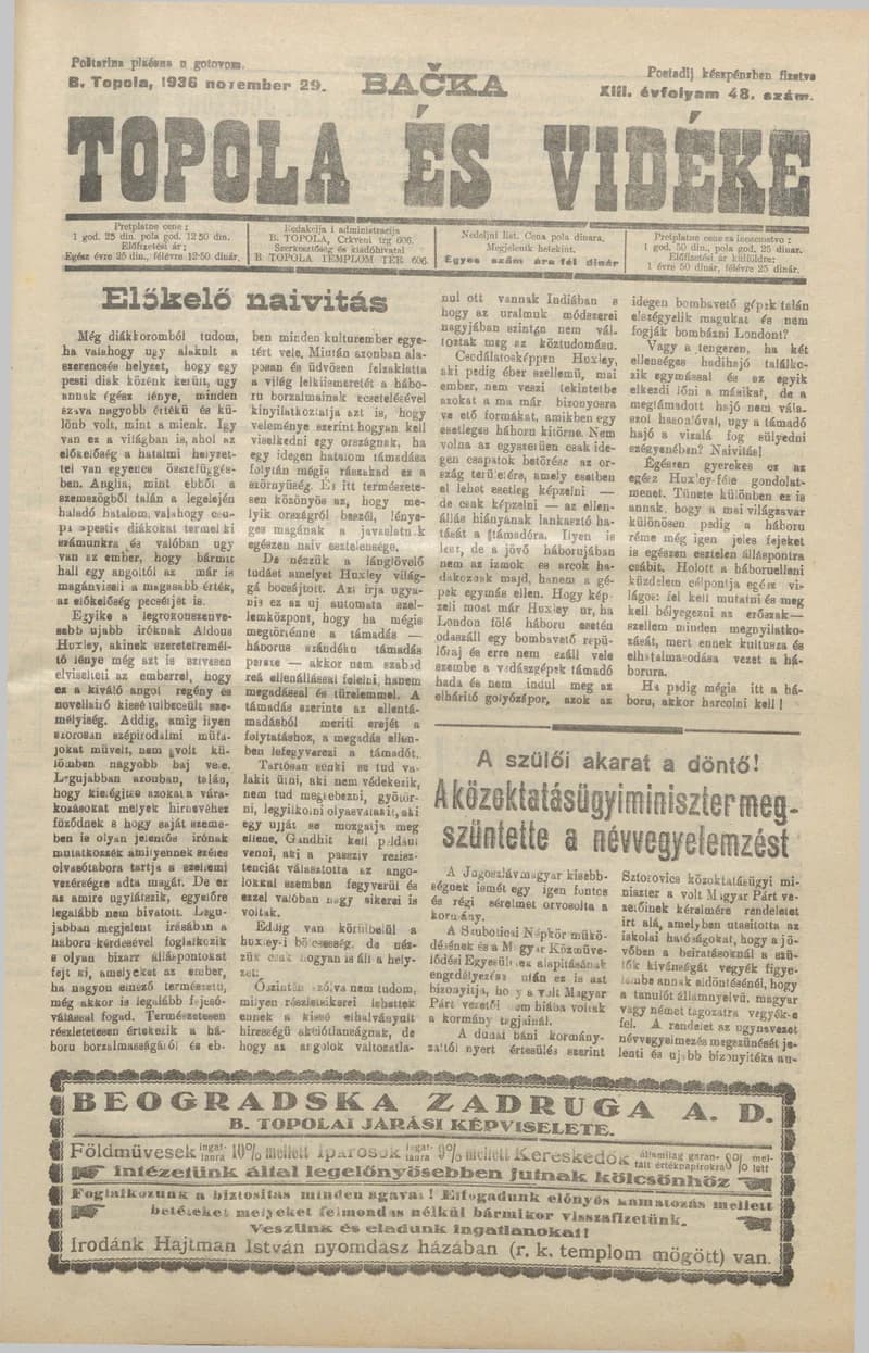 Bačka Topola és Vidéke, 13. évf. 1936. november 29. 48. sz.