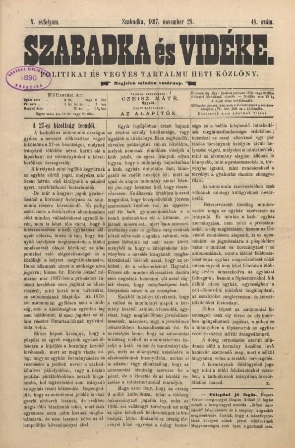 Szabadka és vidéke II, 5. évf. 1897. november 28. 48. sz.