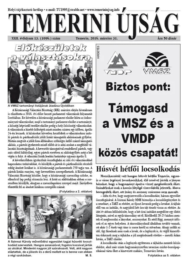 Temerini Újság, 22. évf. 2016. március 31. 13. sz.