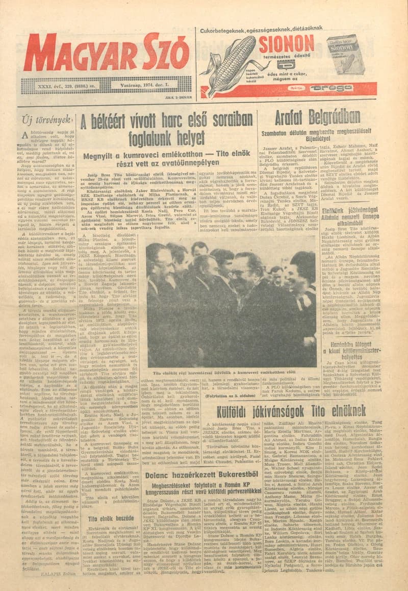 Magyar Szó, 31. évf. 1974. december 1. 329. sz. 1–28. oldal