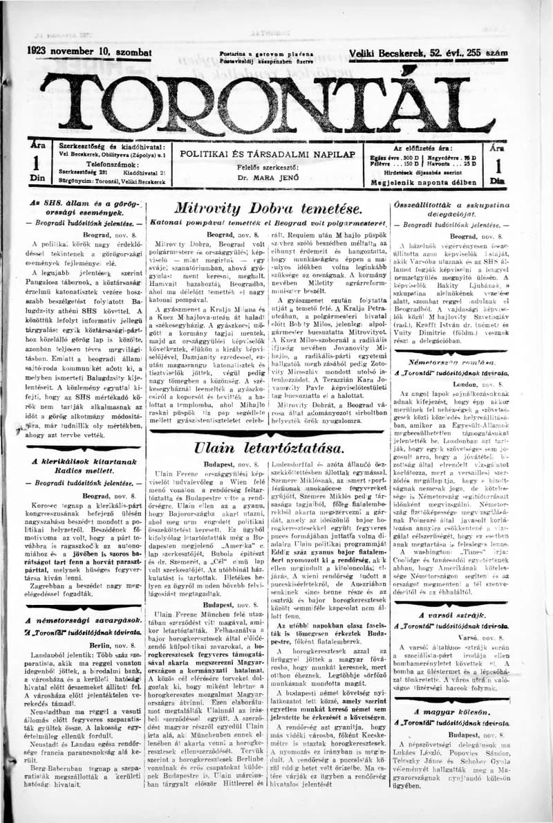 Torontál, 52. évf. 1923. november 10. 255. sz.