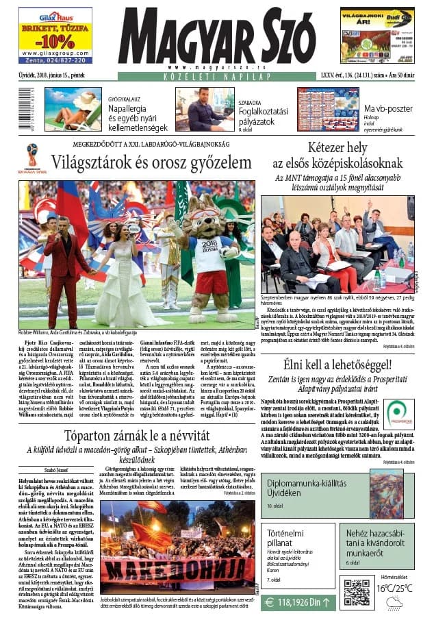 Magyar Szó, 75. évf. 2018. június 15. 136. sz. 1–16. oldal