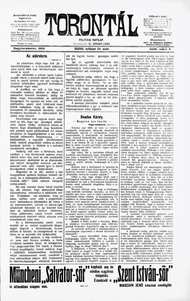 Torontál, 38. évf. 1909. március 8. 54. sz.