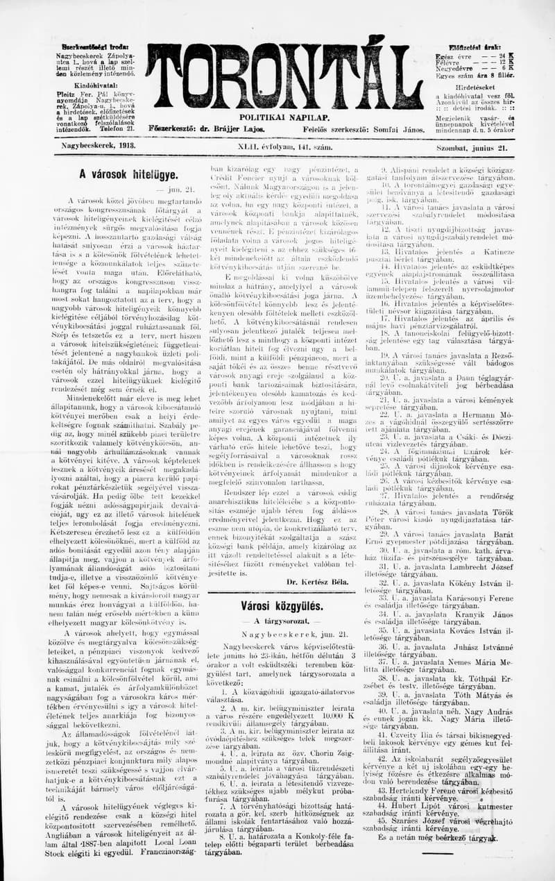 Torontál, 42. évf. 1913. június 21. 141. sz.