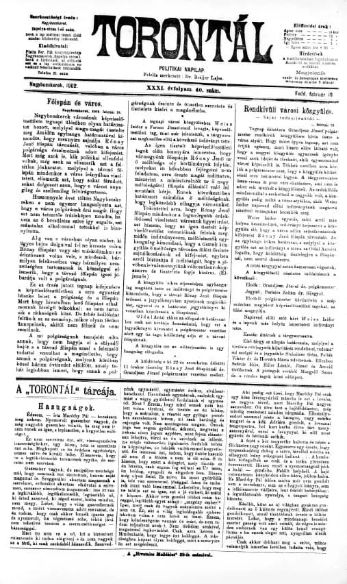 Torontál, 31. évf. 1902. február 18. 40. sz.