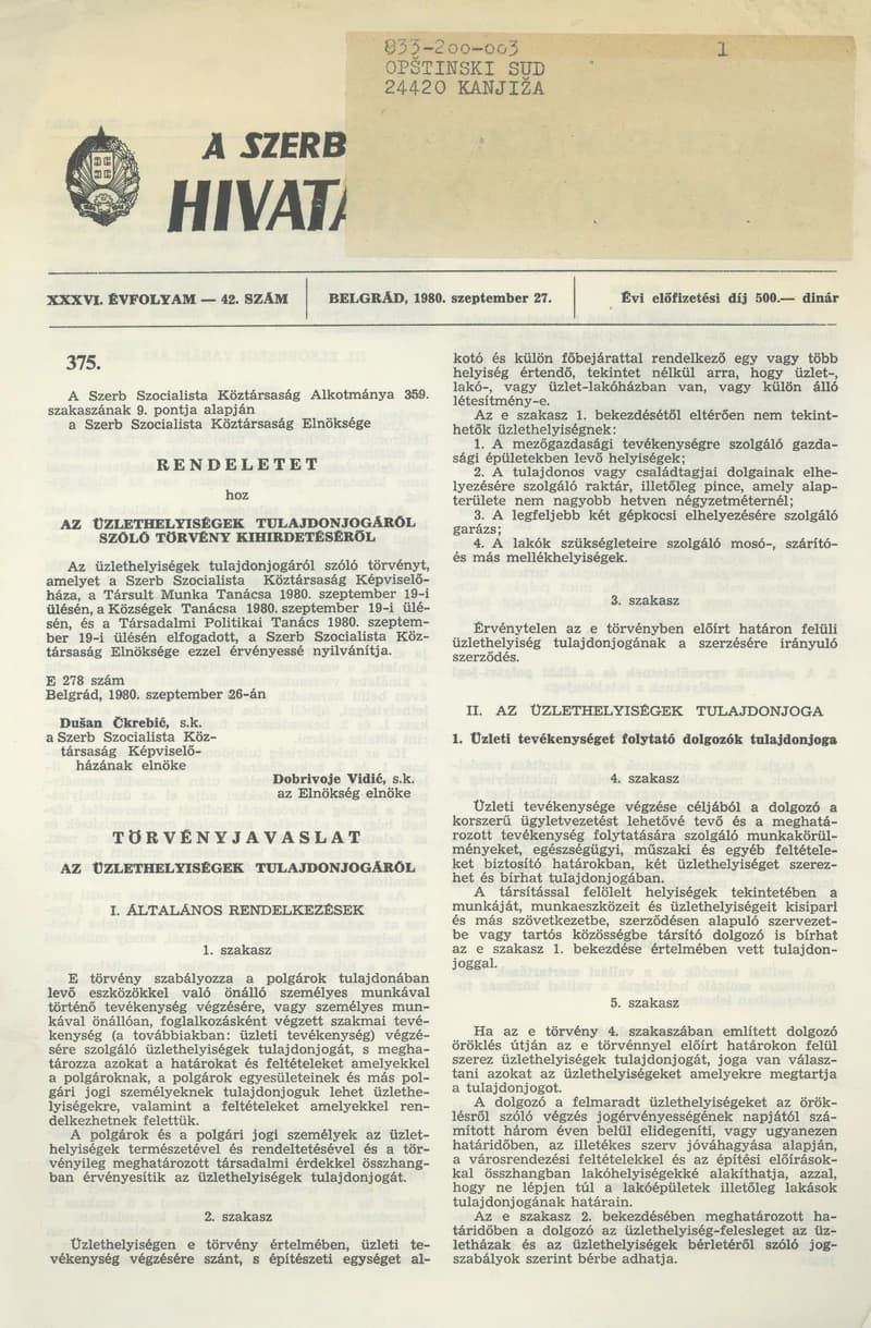 A Szerb Szocialista Köztársaság Hivatalos Közlönye, 36. évf. 1980. szeptember 27. 42. sz.