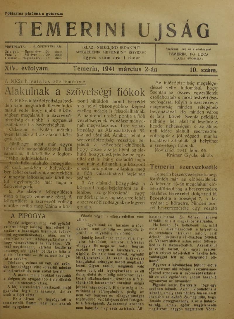 Temerini Újság 1928-1944, 14. évf. 1941. március 2. 10. sz.