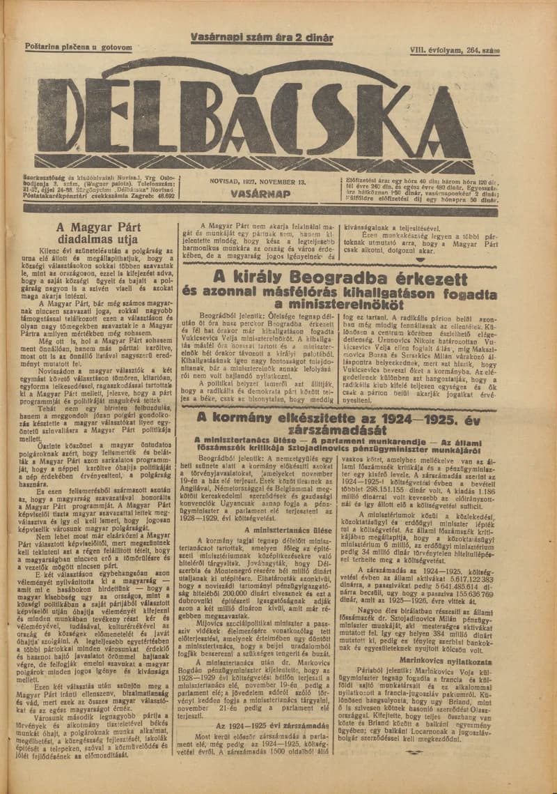 Délbácska, 8. évf. 1927. november 23. 264. sz.