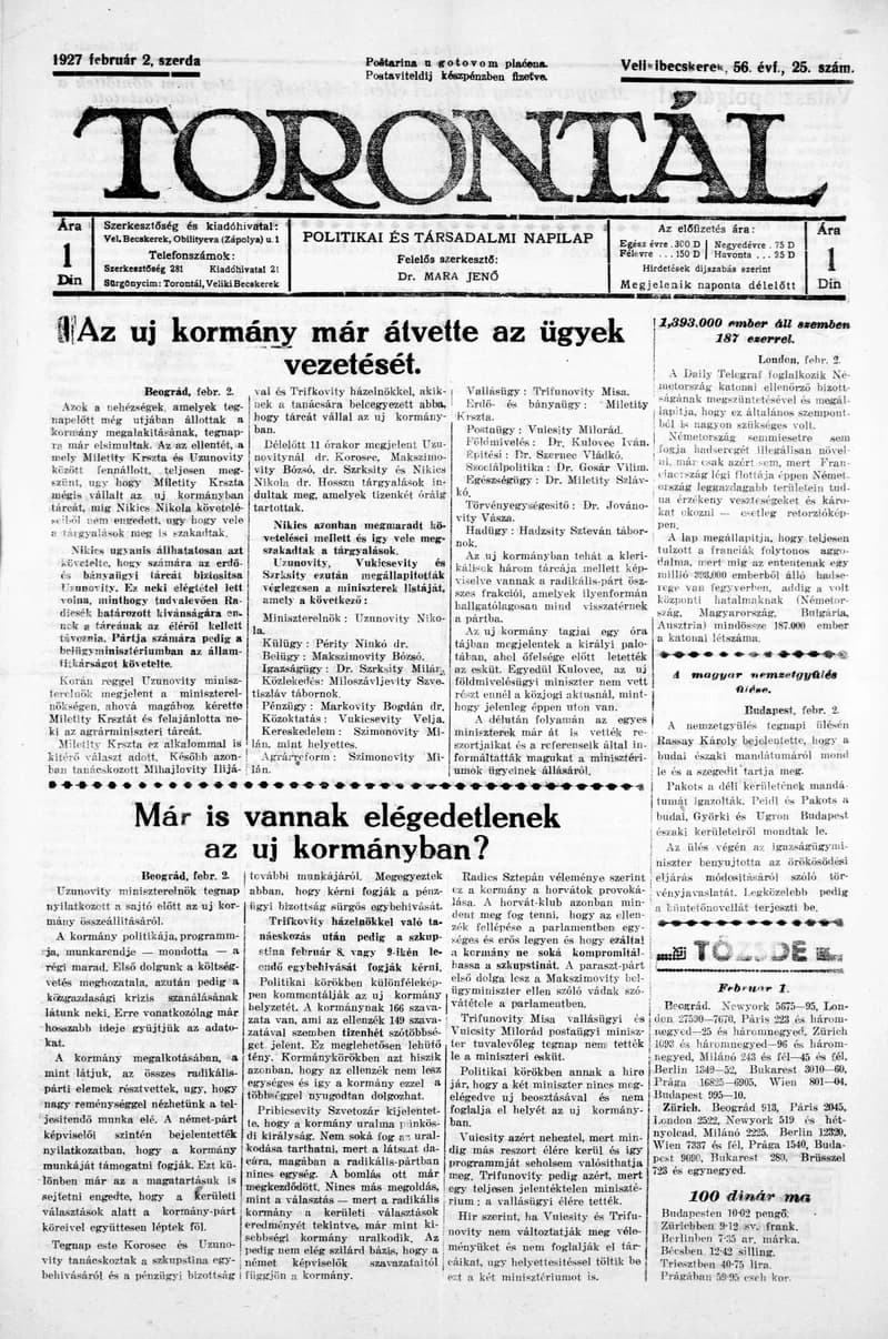Torontál, 56. évf. 1927. február 2. 25. sz.