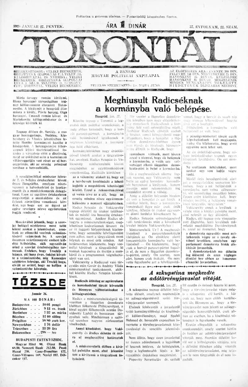 Torontál, 57. évf. 1928. január 27. 22. sz.