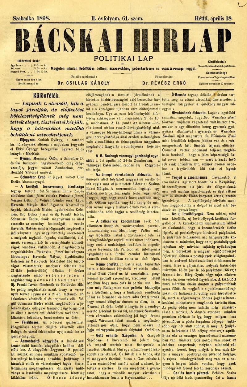 Bácskai Hirlap, 2. évf. 1898. április 18. 61. sz. 1–2. oldal