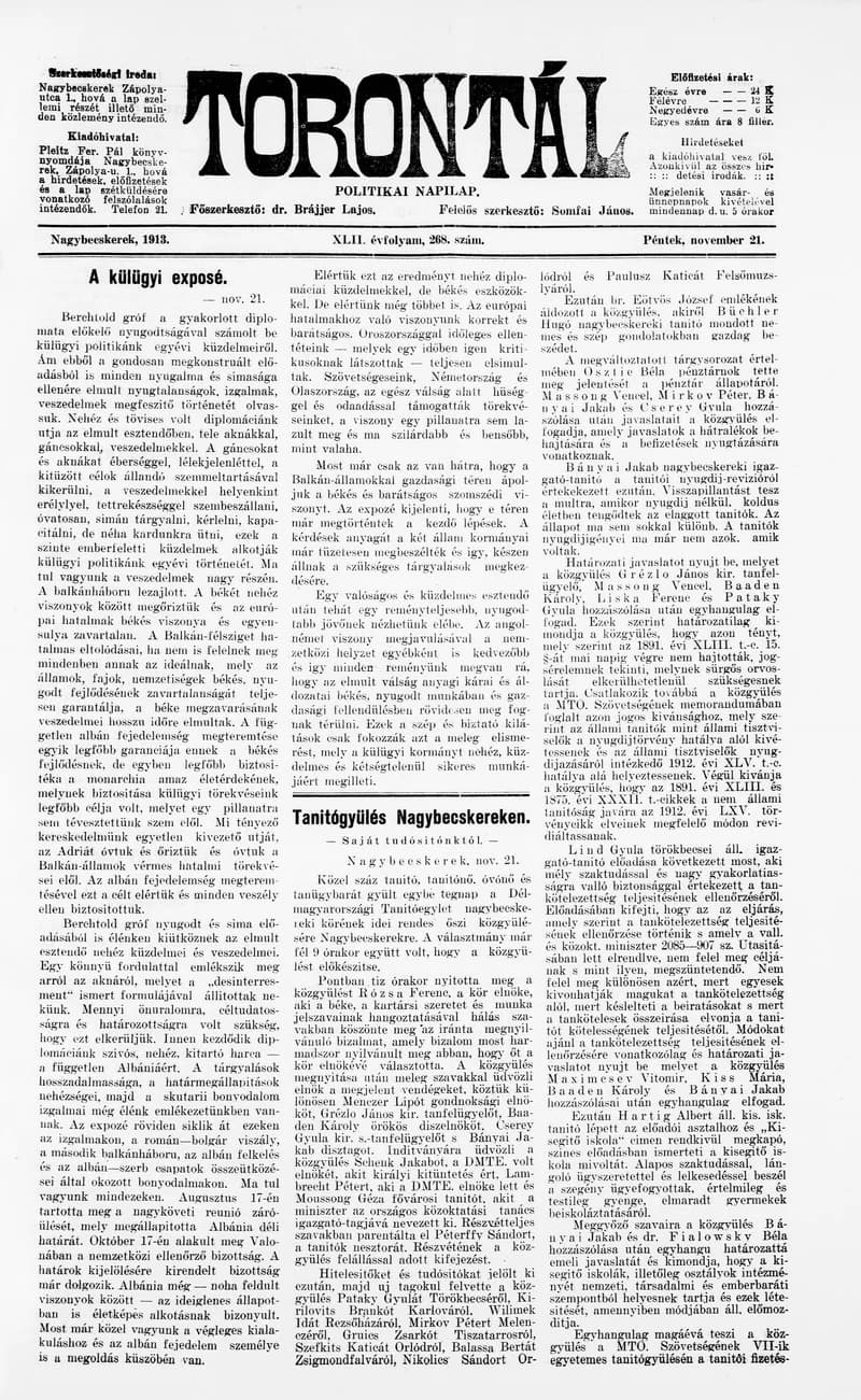 Torontál, 42. évf. 1913. november 21. 268. sz.