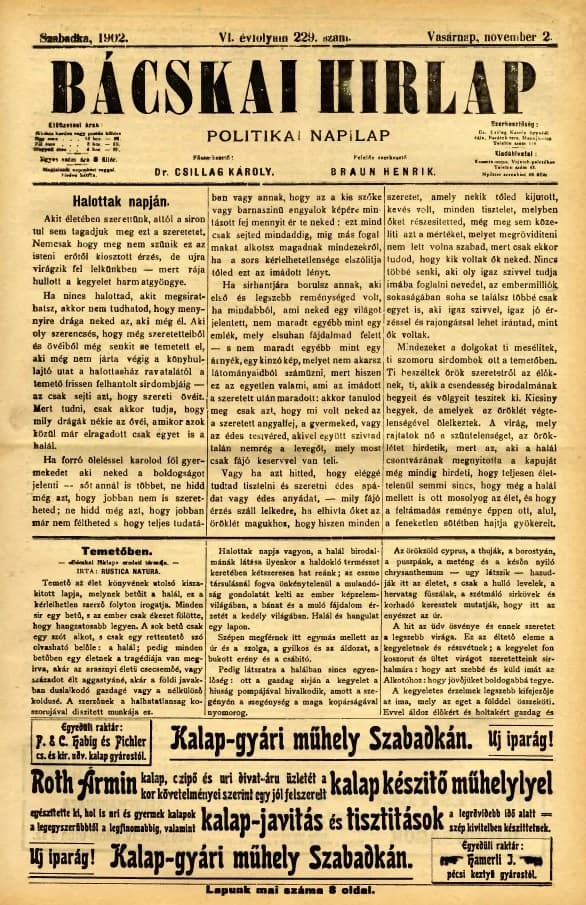 Bácskai Hirlap, 6. évf. 1902. november 2. 229. sz.