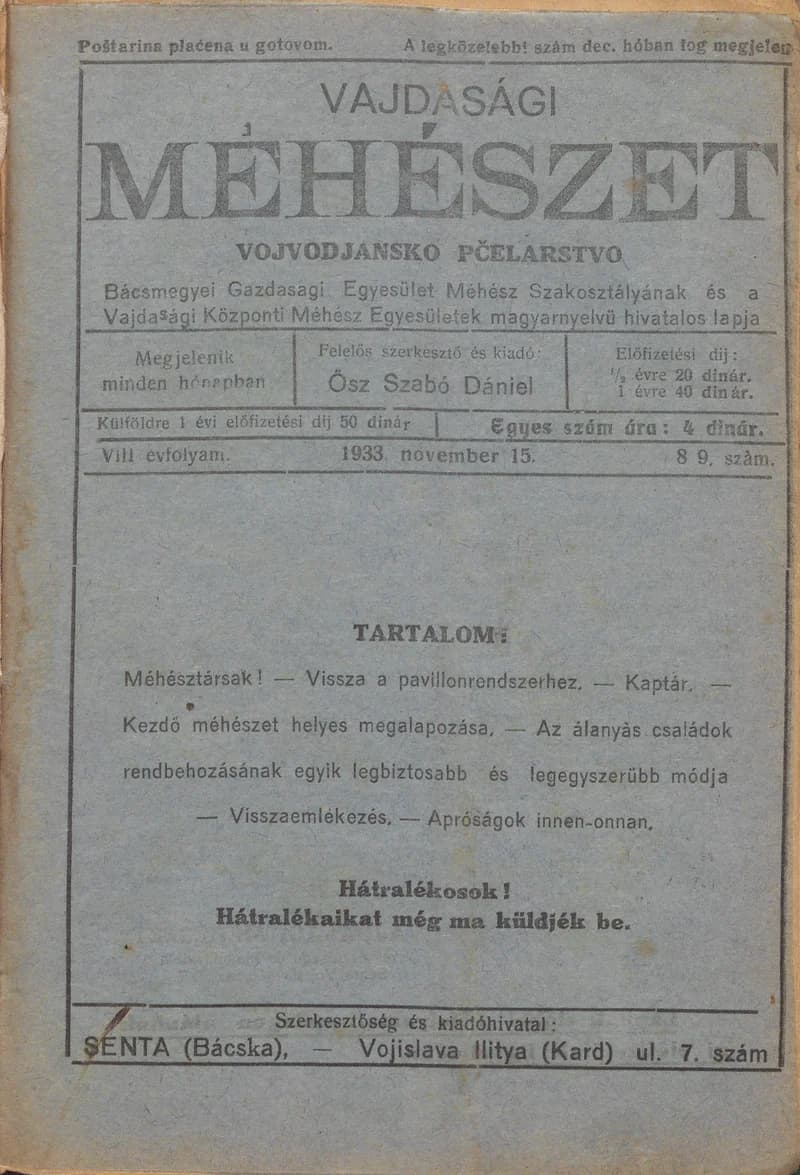 Vajdasági méhészet, 8. évf. 1933. november 15. 8–9. sz.
