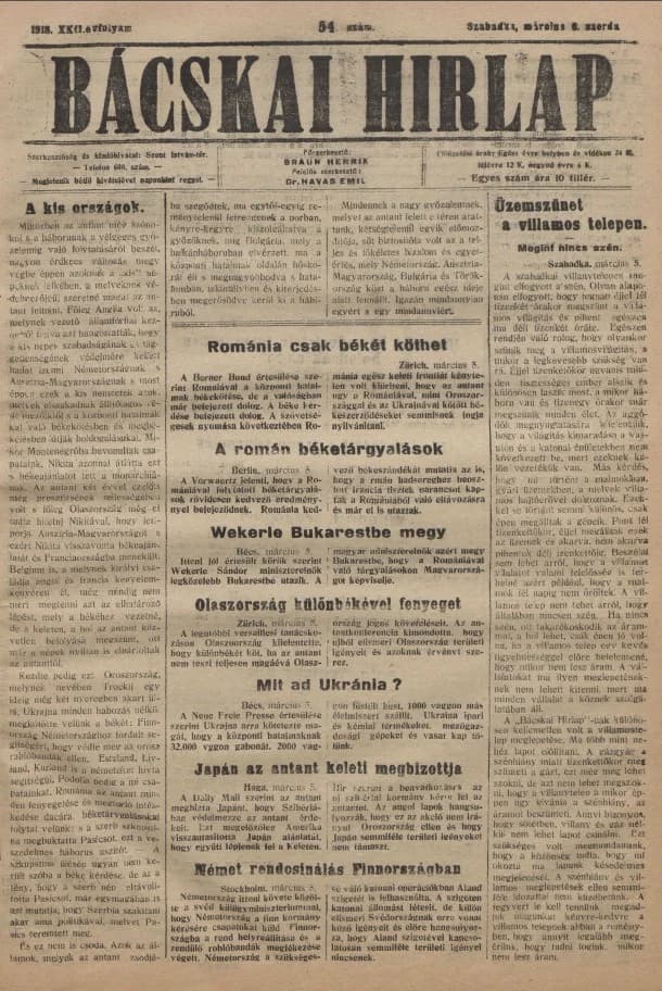 Bácskai Hirlap, 22. évf. 1918. március 6. 54. sz.