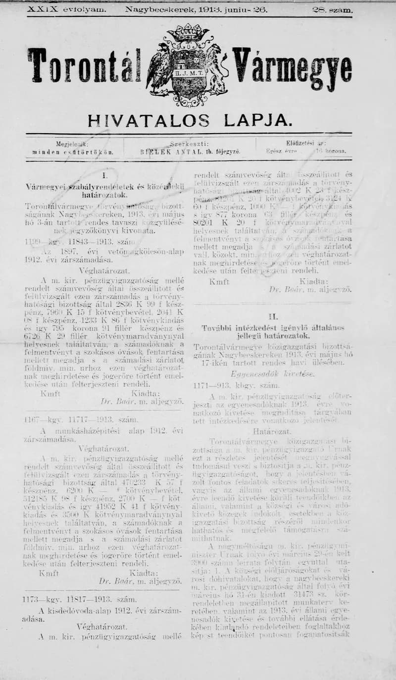 Torontál Vármegye Hivatalos Lapja, 29. évf. 1913. június 26. 28. sz.