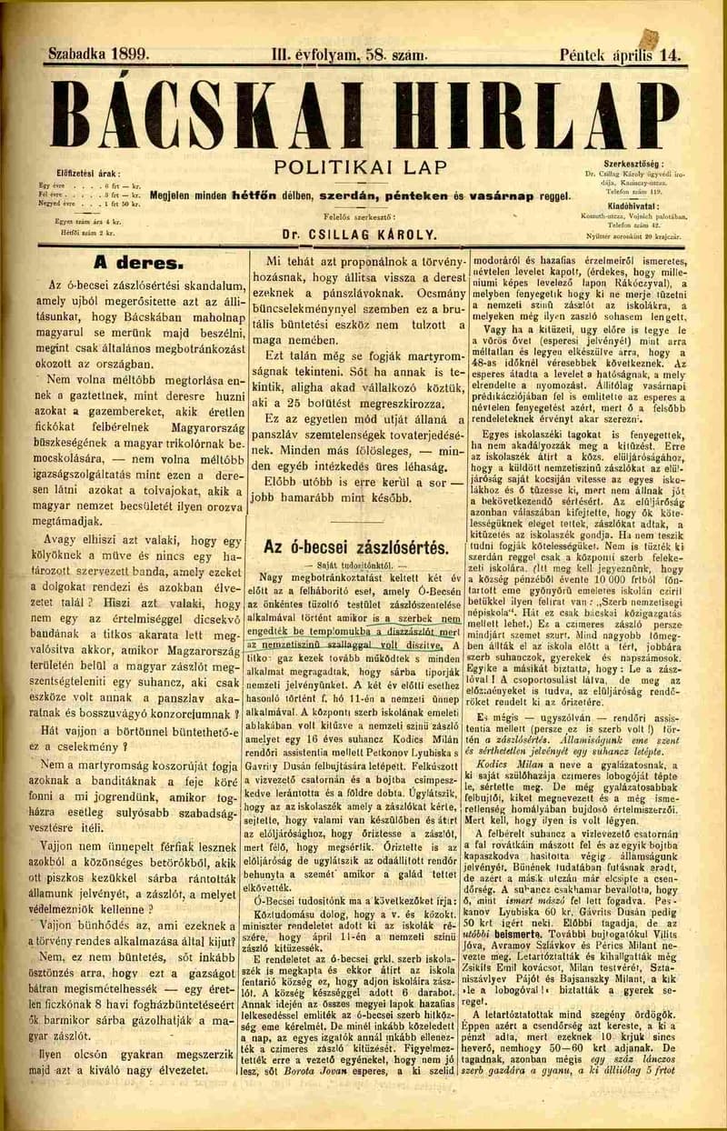 Bácskai Hirlap, 3. évf. 1899. április 14. 58. sz.