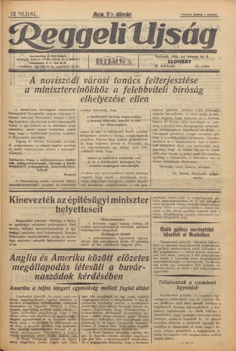 Reggeli Újság, 11. évf. 1930. február 8. 33. sz.