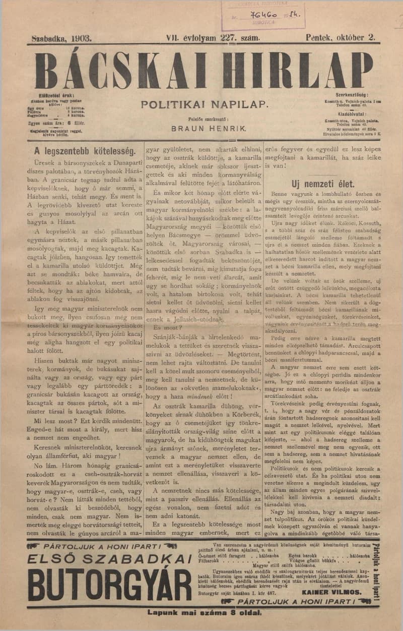 Bácskai Hirlap, 7. évf. 1903. október 2. 227. sz.