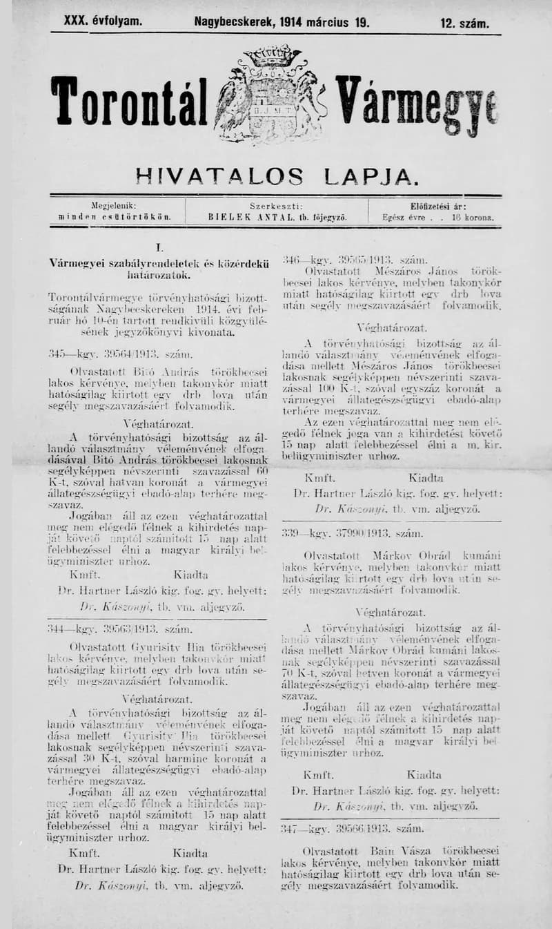 Torontál Vármegye Hivatalos Lapja, 30. évf. 1914. március 19. 12. sz.