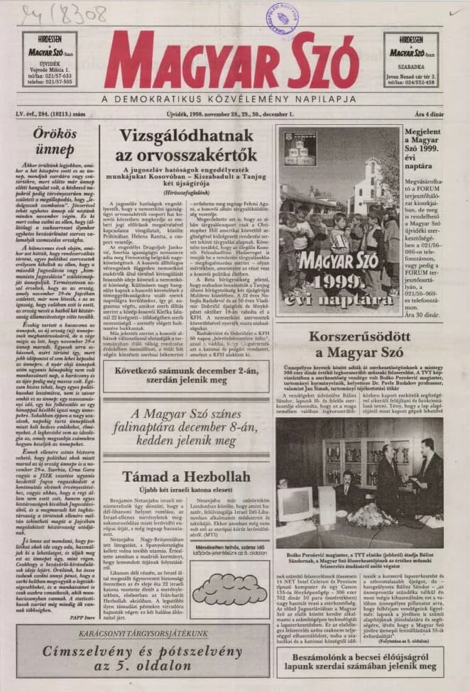 Magyar Szó, 55. évf. 1998. november 28. – december 1. 284. sz. 1–24. oldal