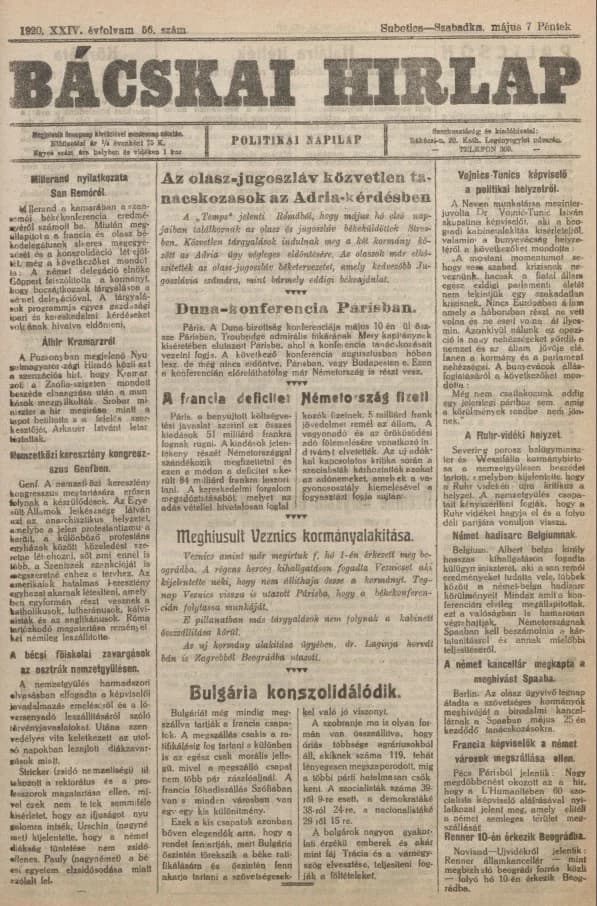 Bácskai Hirlap, 24. évf. 1920. május 7. 56. sz.