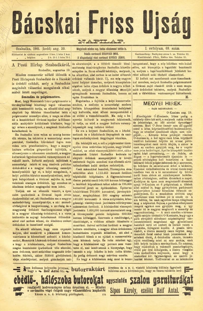 Bácskai Friss Ujság, 1. évf. 1901. augusztus 20. 68. sz.
