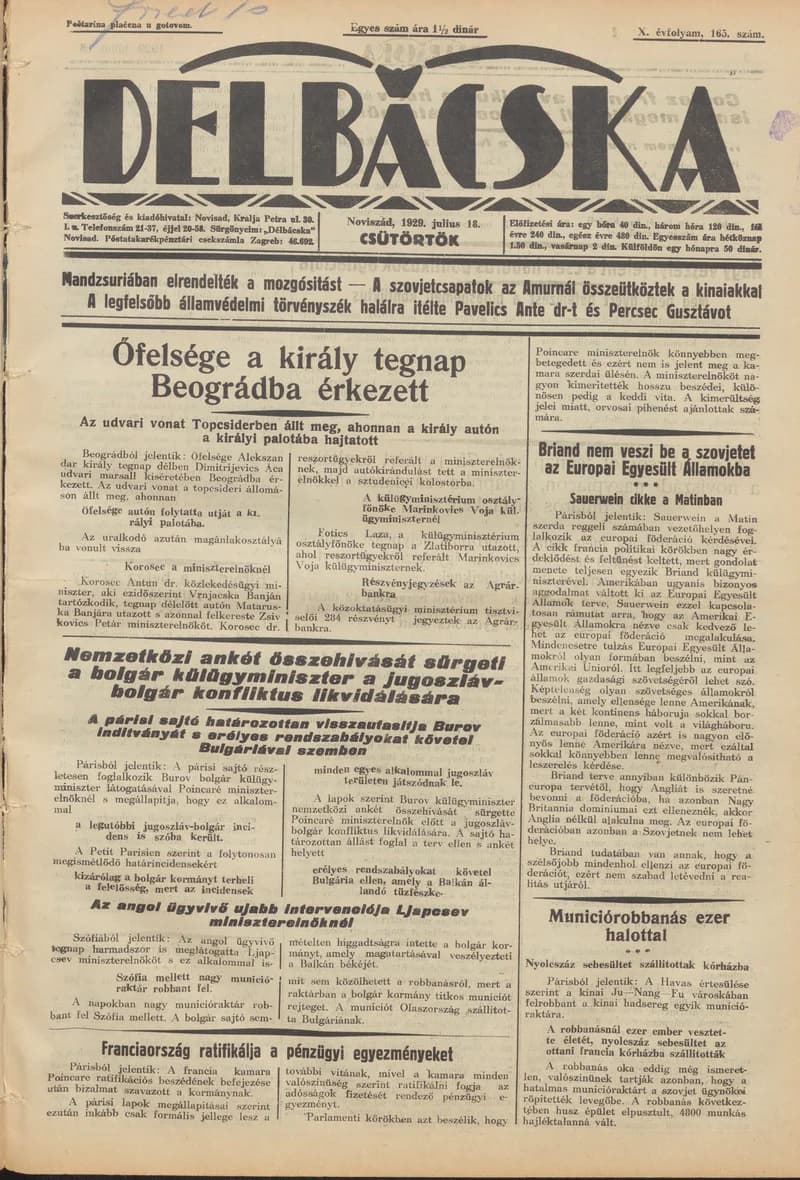 Délbácska, 10. évf. 1929. július 18. 165. sz.