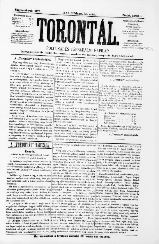 Torontál, 21. évf. 1892. április 1. 56. sz.