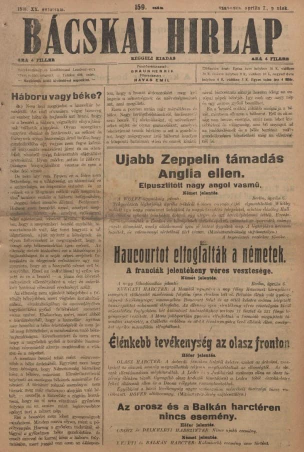 Bácskai Hirlap, 20. évf. 1916. április 7. 159. sz.