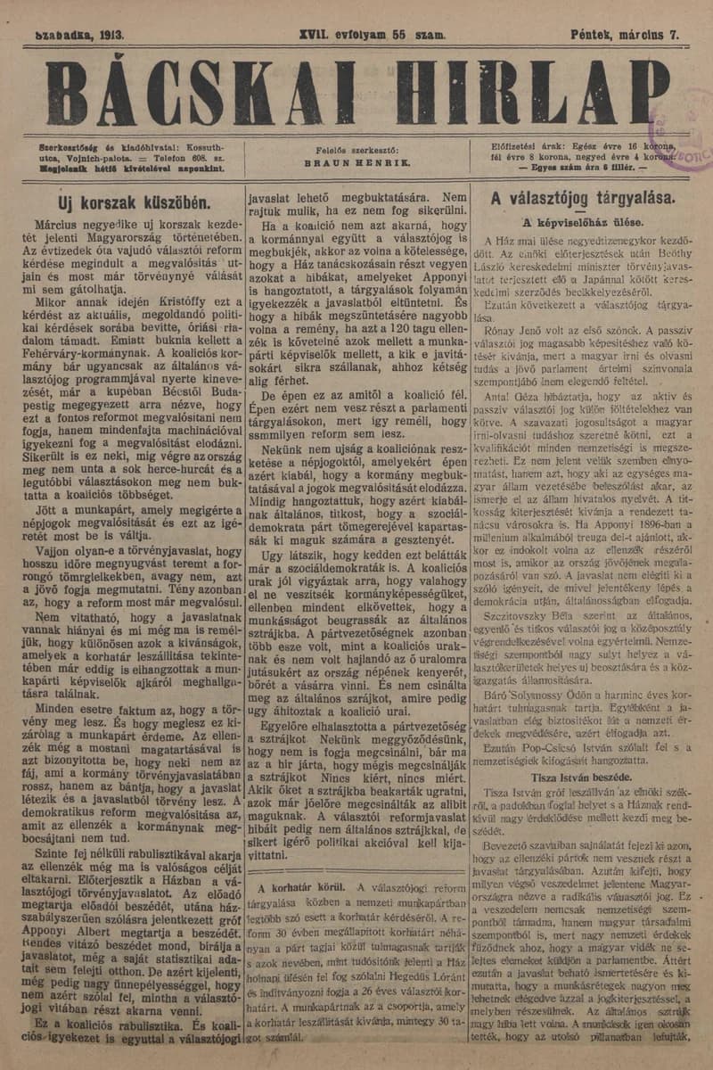Bácskai Hirlap, 17. évf. 1913. március 7. 55. sz.