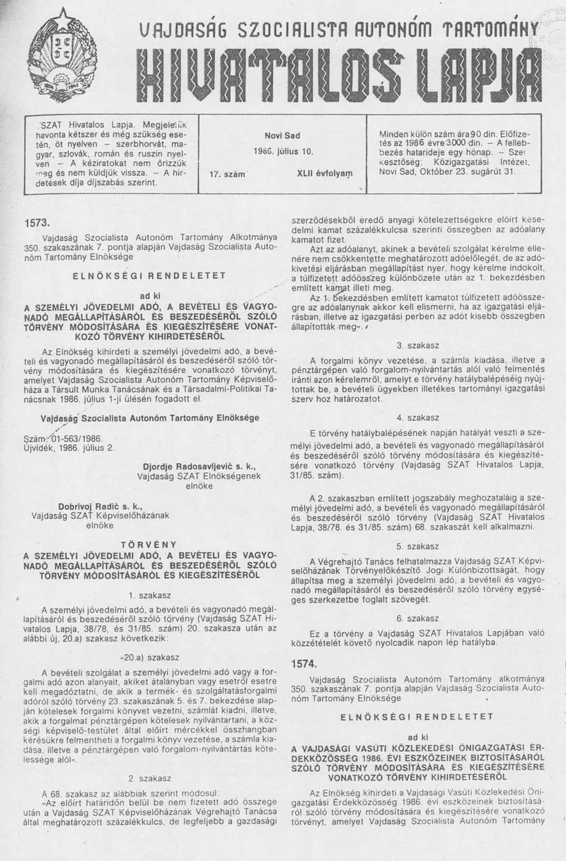 Vajdaság Szocialista Autonóm Tartomány Hivatalos Lapja, 42. évf. 1986. július 10. 17. sz.