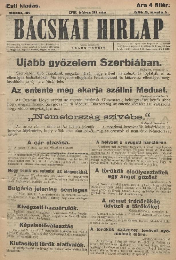 Bácskai Hirlap, 18. évf. 1914. november 5. 283. sz.