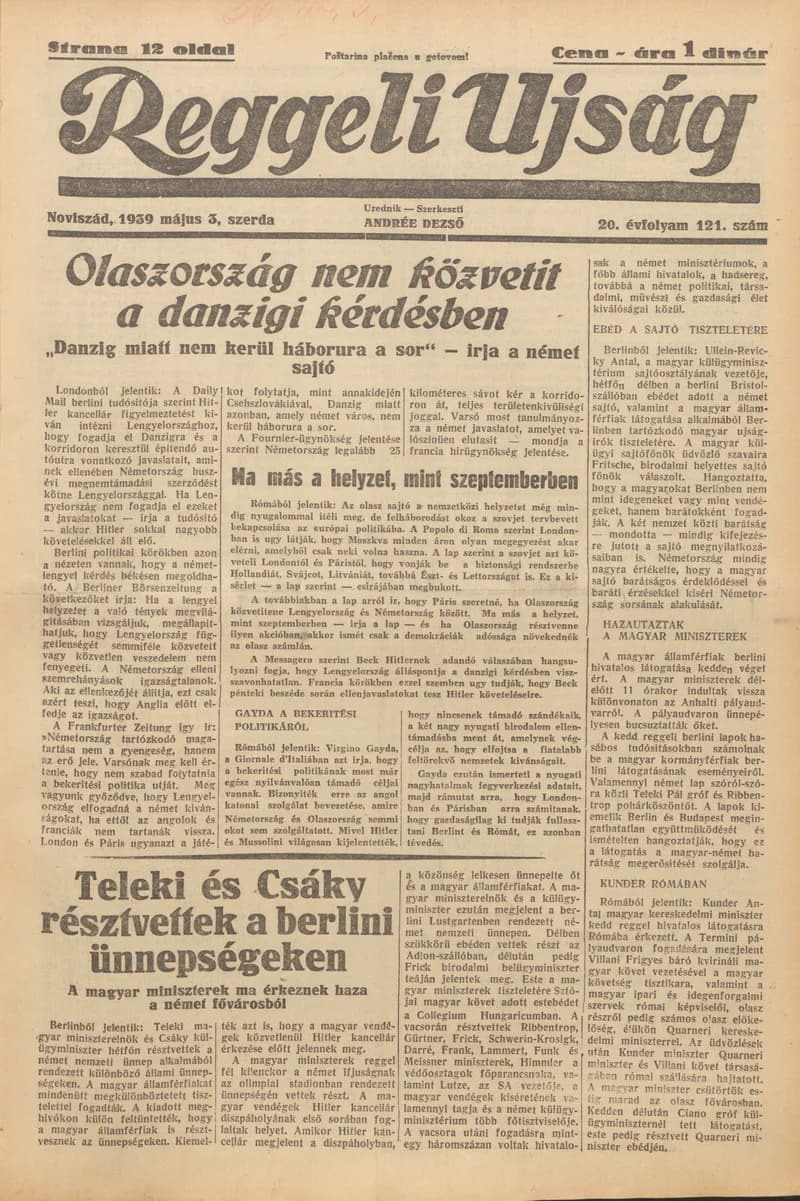 Reggeli Újság, 20. évf. 1939. május 3. 121. sz.