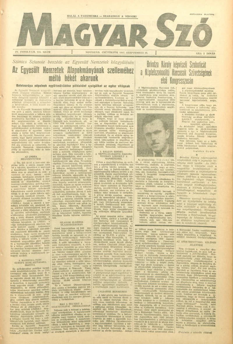 Magyar Szó, 4. évf. 1947. szeptember 25. 235. sz. 1–6. oldal