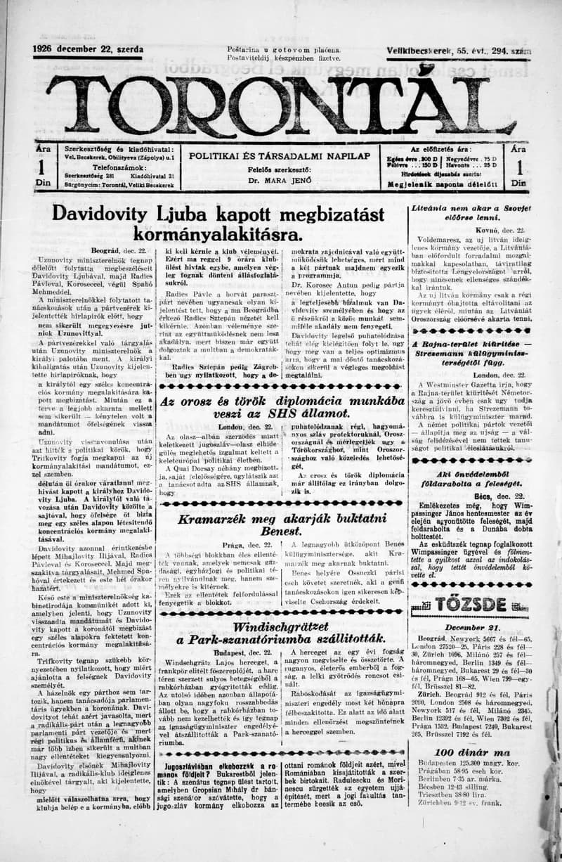 Torontál, 55. évf. 1926. december 22. 294. sz.