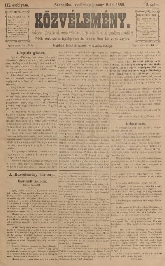 Közvélemény, 3. évf. 1888. január 8. 2. sz.