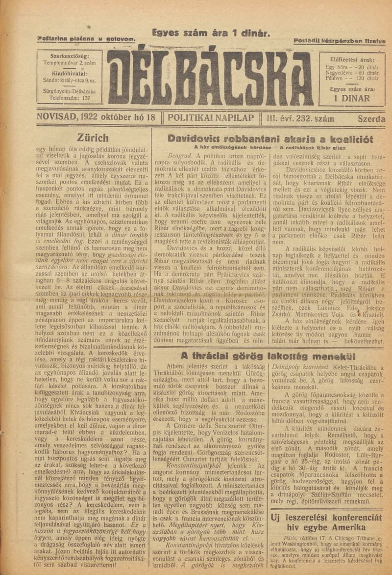 Délbácska, 3. évf. 1922. október 18. 232. sz.