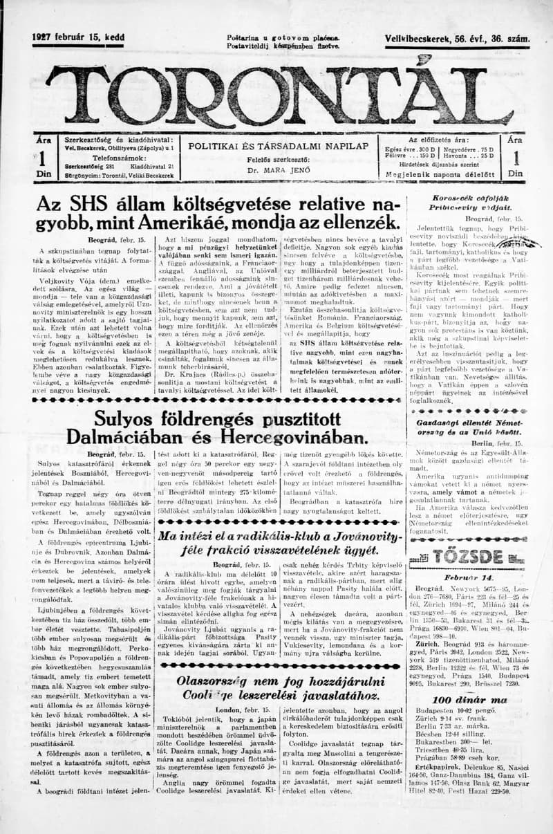 Torontál, 56. évf. 1927. február 15. 36. sz.