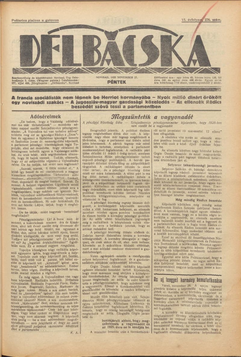 Délbácska, 6. évf. 1925. november 27. 276. sz.