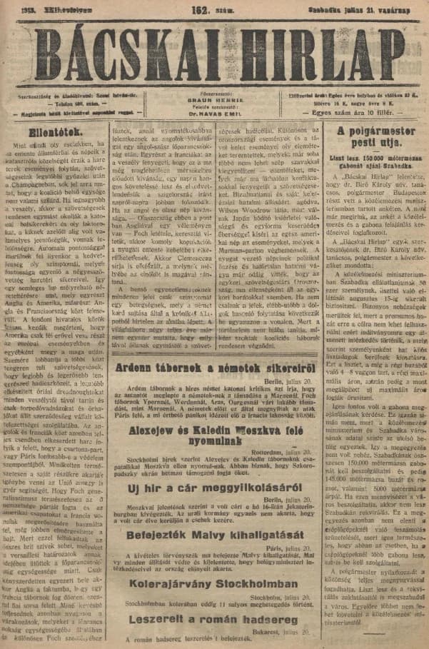 Bácskai Hirlap, 22. évf. 1918. július 21. 162. sz.