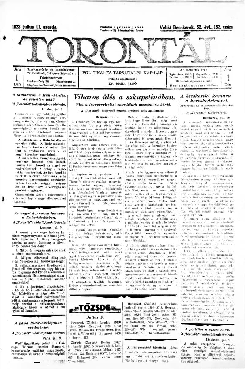Torontál, 52. évf. 1923. július 11. 152. sz.