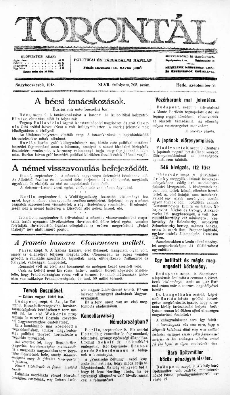 Torontál, 47. évf. 1918. szeptember 9. 205. sz.