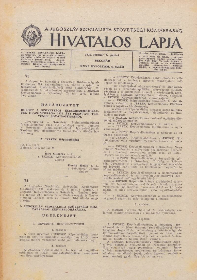 A Jugoszláv Szocialista Szövetségi Köztársaság Hivatalos Lapja, 31. évf. 1975. február 7. 6. sz. 137–192. oldal